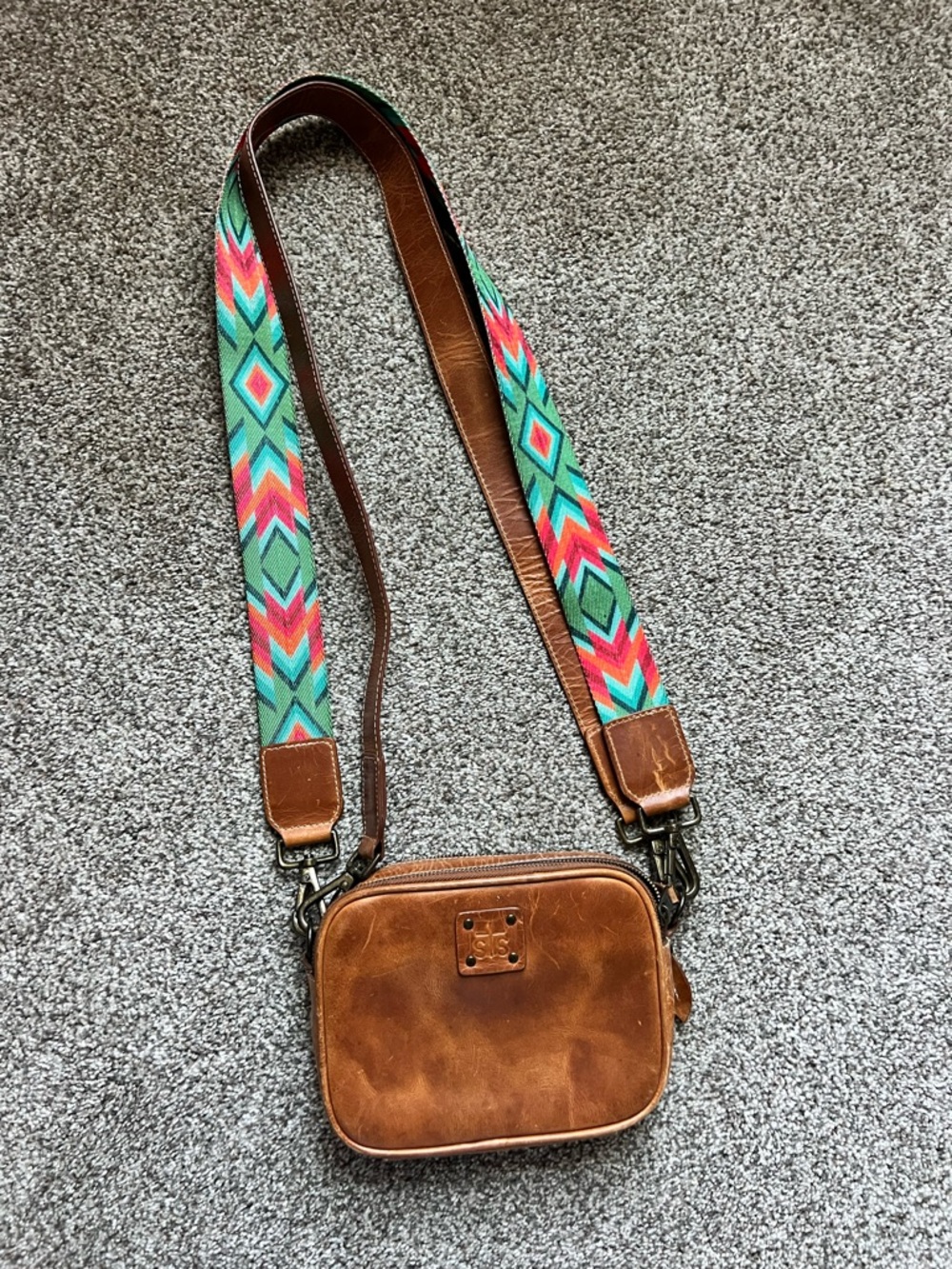 Leather Crossbody Bag with Colorful Aztec Strap - Brown - Picture 2 of 7